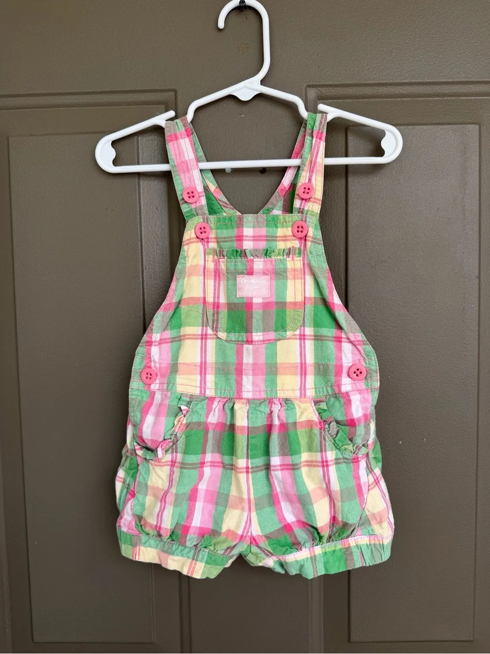 Vintage 90s OshKosh B'gosh Pink Green Plaid Bubble Shortalls Overalls 18M